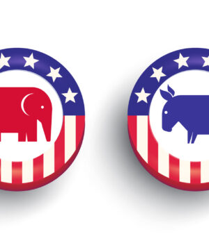 Vector banner with text of vote on abstract background. Vector poster for american presidential election 2024. Election of USA. American the Democrats and the Republicans.